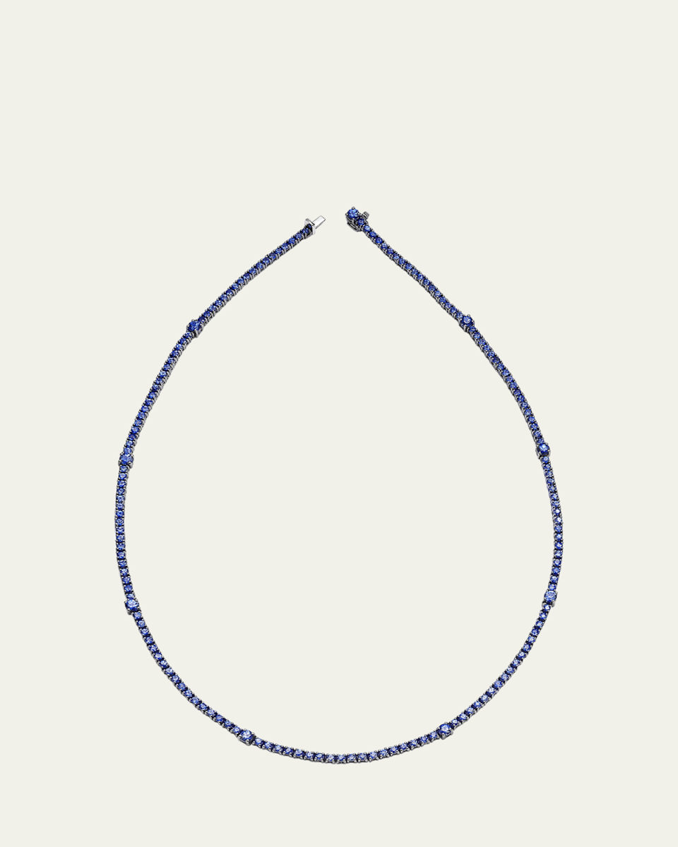 18K White Gold Riviera Blue Sapphire Tennis Necklace
